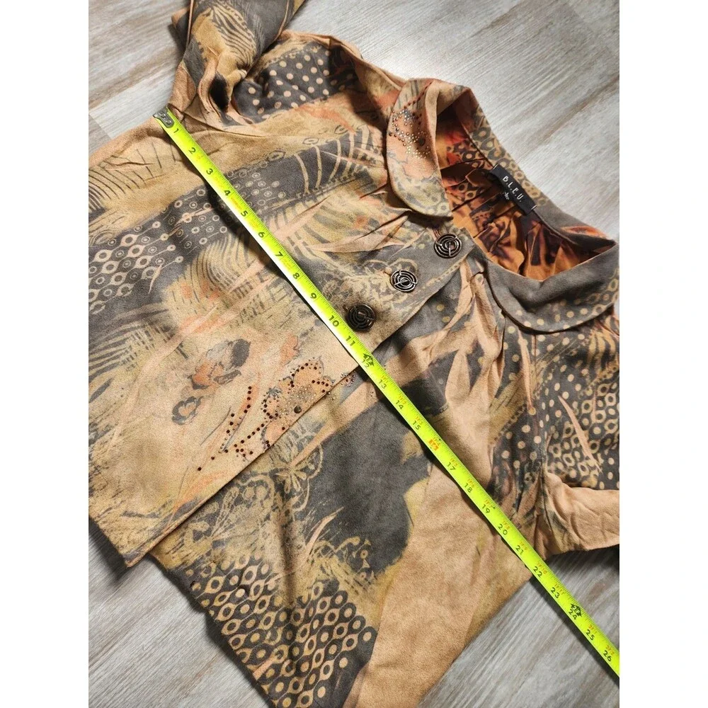 B.L.E.U Tan Green Suede Crop Jacket Rhinestones Abstract Art Lined Sz L GUC - Picture 7 of 13